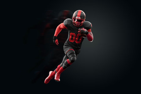 American Football player in red and black uniform in running pose on black background. American Football, advertising poster, template, blank, sports. 3D illustration, 3D renderingの写真素材