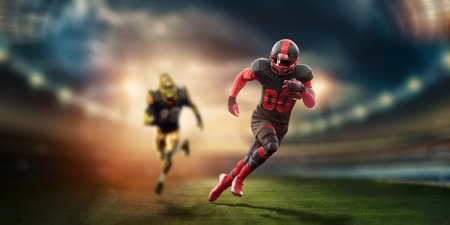 American Football player in red and black uniform in running pose against stadium background. American Football, advertising poster, template, blank, sports. 3D illustration, 3D renderingの写真素材
