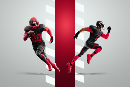 American soccer player in a red and black uniform in a running pose. American Football, advertising poster, template, blank, sports. 3D illustration, 3D renderingの写真素材