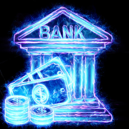 neon bank building with banknotes and coins on a black background.The concept of storing money in a bank, the bank issues loans, loansの写真素材