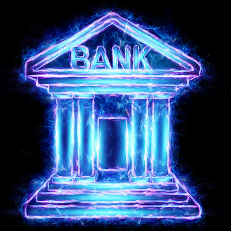 neon bank building on black background.の写真素材