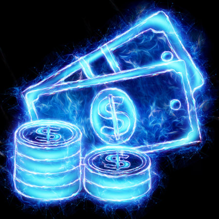 neon stack of coins and money on black background.の写真素材