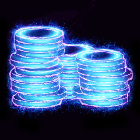 neon stack of coins on black background.の写真素材
