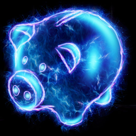 neon pig piggy bank on a black background, the concept of accumulating money, coins, saving the budget. Save up for a giftの写真素材