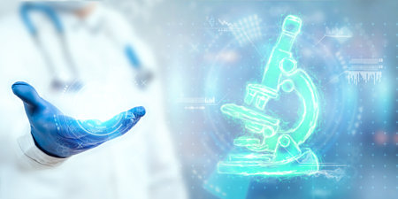 Doctor on the background with a microscope.The concept of medical research, laboratory, analyzes. Advanced scientific laboratory of medicine, biotechnology, development of microbiology.の写真素材
