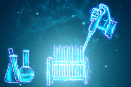 Mechanical pipette with test tubes and flasks on a blue background.The concept of medical research, laboratory, analyzes. Advanced scientific laboratory of medicine, biotechnology, development of microbiology.の写真素材