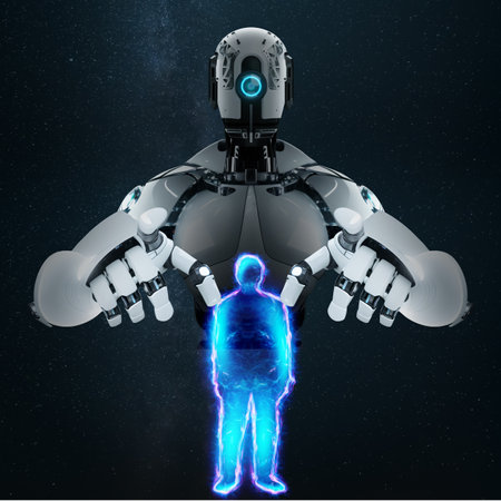 The robot controls the man, artificial intelligence. The concept of technology, the development of mankindの写真素材