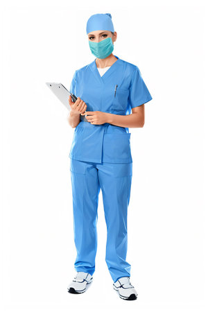 Girl doctor with a tablet and mask isolated on white background. The concept of medicine, profession, helping peopleの写真素材