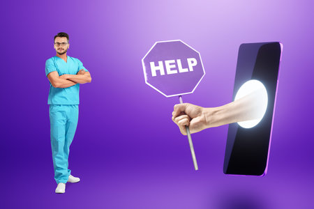 A man is a doctor on a purple background next to a phone with a hand reaching out with a sign for help. The concept of new possibilities in medicine, health, development, new technologiesの写真素材