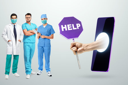 Doctors of different directions on a white background next to a telephone, from which a hand reaches out with a sign for help. The concept of new possibilities in medicine, health, development, new technologiesの写真素材