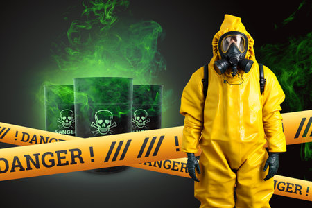 A man in a biosafety suit against the background of barrels of waste. The concept of protecting nature, man, pollution, virus researchの写真素材