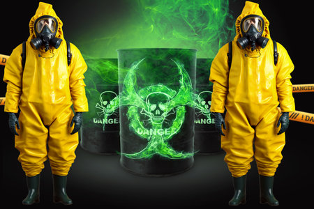 Rescuers in biosafety suit against the background of barrels of waste. The concept of protecting nature, man, pollution, virus researchの写真素材