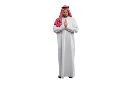 Arab man on white background in traditional costume. Shows a variety of hand gestures. Ready for cutting and editingの写真素材