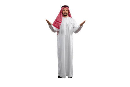 Arabian man on white background in traditional costume, with various expressions, hand gestures and poses.Ready for cutting and editingの写真素材