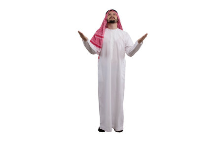 Arab man on white background in traditional costume. Shows a variety of hand gestures. Ready for cutting and editingの写真素材