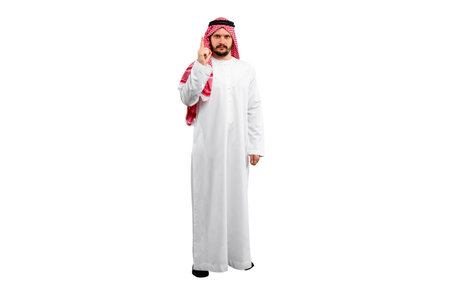 Arabian man on white background in traditional costume, with various expressions, hand gestures and poses.Ready for cutting and editingの写真素材