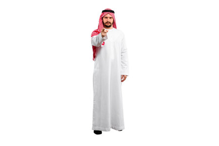 Arab man on white background in traditional costume. Shows a variety of hand gestures. Ready for cutting and editingの写真素材