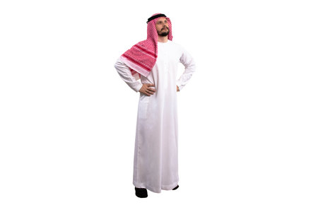 Arab man on white background in traditional costume. Shows a variety of hand gestures. Ready for cutting and editingの写真素材
