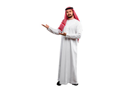 Arabian man on white background in traditional costume, with various expressions, hand gestures and poses.Ready for cutting and editingの写真素材