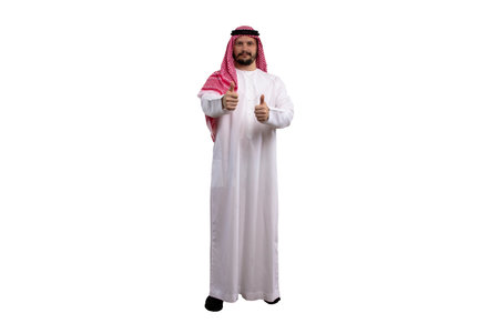 Arab man on white background in traditional costume. Shows a variety of hand gestures. Ready for cutting and editingの写真素材