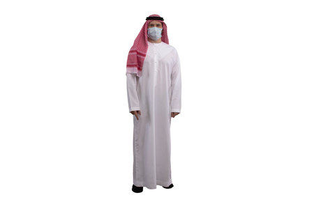 An Arab man wearing a mask on a white background in traditional costume, with different expressions, hand gestures and poses. Ready for cutting and editingの写真素材