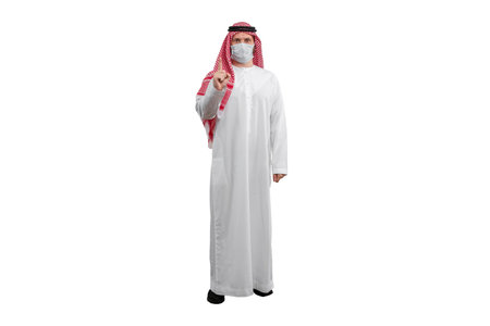 Male Arab in medical mask on white isolated on white background. Shows a variety of hand gestures. Ready for cutting and editingの写真素材