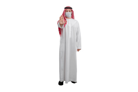 An Arab man wearing a mask on a white background in traditional costume, with different expressions, hand gestures and poses. Ready for cutting and editingの写真素材