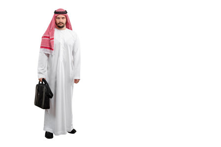 Male Arab with briefcase isolated white background in traditional costume. Ready for cutting and editingの写真素材