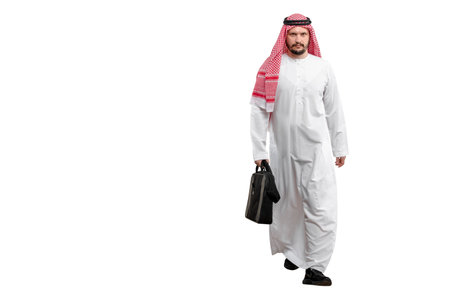 Arab man with briefcase isolated white background in traditional costume. Ready for cutting and editingの写真素材