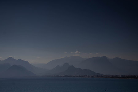 Mountain, sea and sunset views. Beautiful nature, enjoyment, relaxation, sense of tranquilityの写真素材