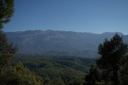 view of beautiful nature. Mountains, forests, blue sky. The beauty of natureの写真素材
