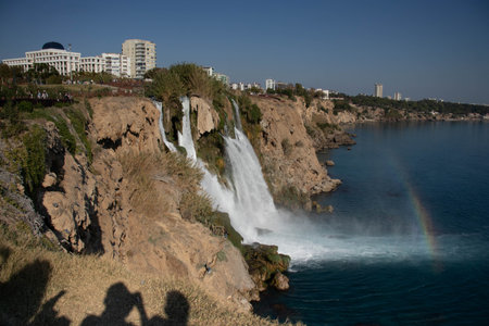 Beautiful view of the waterfall that flows into the seaの写真素材