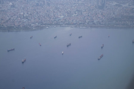 Cargo marine vessels at sea. Top view of sea vessels sailing to the pierの写真素材