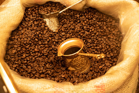 Sale of coffee beans in stores in Turkey. Coffee beans in a bag with a turboの写真素材