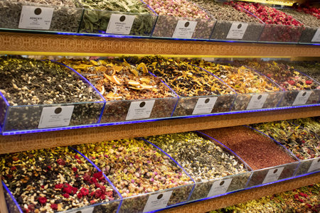 A variety of spices and savories on the counter at the store. Variety of aromatic spices in stores