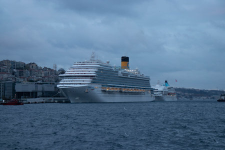 A large luxury cruise ship docked at the port of Istanbulの写真素材
