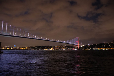 Night Istanbul. Beautiful view of the night Bosphorus bridge and the city. All on fire at sunsetの写真素材