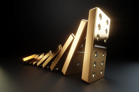 Domino effect, domino concept, tiles falling one after another on a black background. Chain reaction, Metaphor Collapse, default, economic crisis. 3D illustration, 3D renderの写真素材