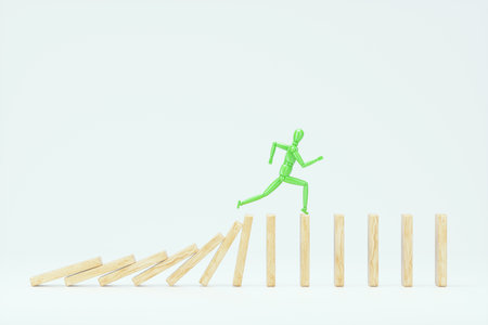 Domino principle, domino concept. A man puppet runs across falling domino tiles, a metaphor for the rat race, life. 3D illustration, 3D renderの写真素材