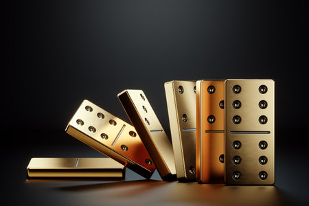 Domino effect, domino concept, tiles falling one after another on a black background. Chain reaction, Metaphor Collapse, default, economic crisis. 3D illustration, 3D renderの写真素材