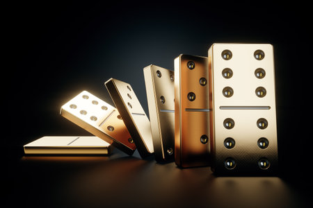 Domino effect, domino concept, tiles falling one after another on a black background. Chain reaction, Metaphor Collapse, default, economic crisis. 3D illustration, 3D renderの写真素材