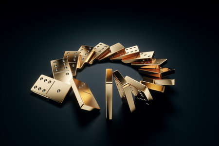 Domino principle, domino concept, tiles falling one after another. Chain reaction, Metaphor Collapse, default, economic crisis. 3D illustration, 3D render.の写真素材