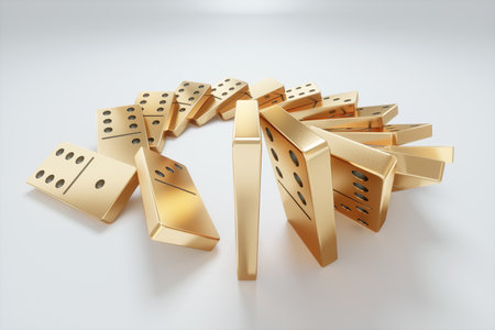 Domino principle, domino concept, tiles falling one after another. Chain reaction, Metaphor Collapse, default, economic crisis. 3D illustration, 3D render.の写真素材