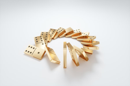 Domino effect, domino concept, tiles falling one after another on a black background. Chain reaction, Metaphor Collapse, default, economic crisis. 3D illustration, 3D renderの写真素材