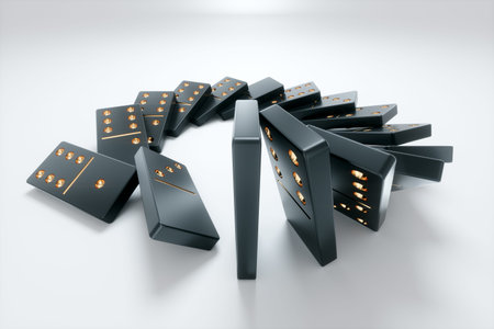 Domino tiles stand on a white background in a circle. Concept Domino effect, chain reaction,...
