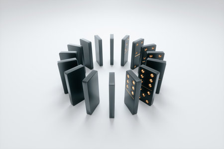 Domino tiles stand on a white background in a circle. Concept Domino effect, chain reaction, Metaphor default, economic crisis. 3D illustration, 3D renderの写真素材