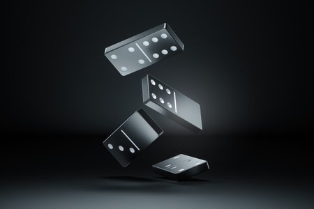 Domino effect, domino concept, tiles falling one after another on a black background. Chain reaction, Metaphor Collapse, default, economic crisis. 3D illustration, 3D renderの写真素材