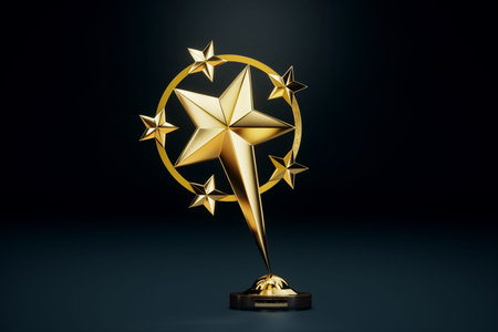 Gold award, cup in the form of a five-pointed star on a dark background. Concept winner, award,...