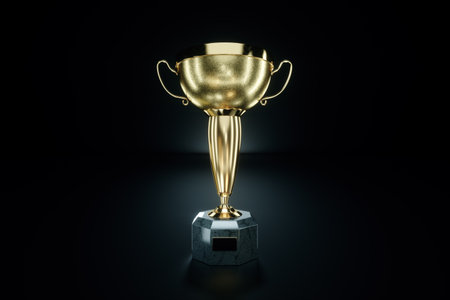 Gold award, winner's cup on a dark background. Concept winner, award, competition, show, competition, black and gold luxury style. 3D illustration, 3D renderの写真素材