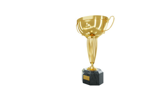 Gold award, winner cup isolated on white background. Concept winner, award, competition, show, contest, light golden luxury style. 3D illustration, 3D render, Copy spaceの写真素材